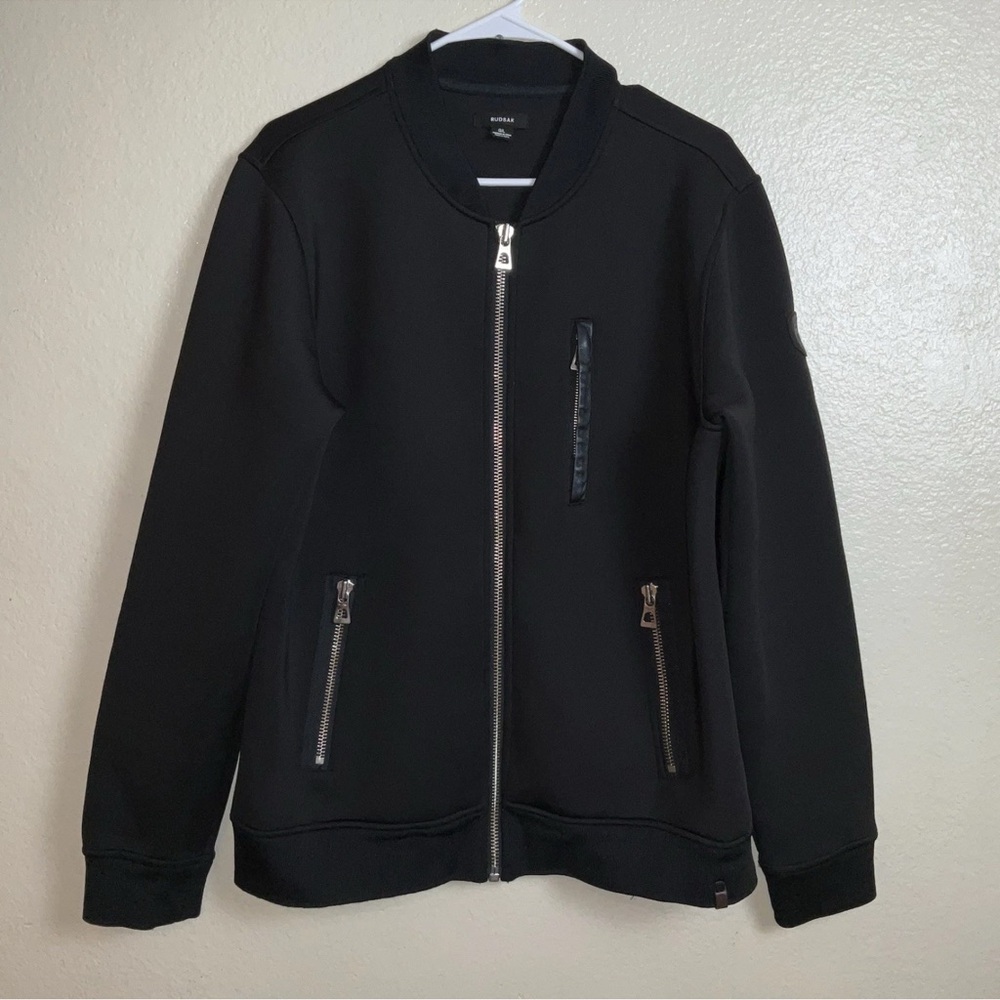Rudsak Mens Scuba black Cardigan Jacket Size Large With Leather Elbow Patches